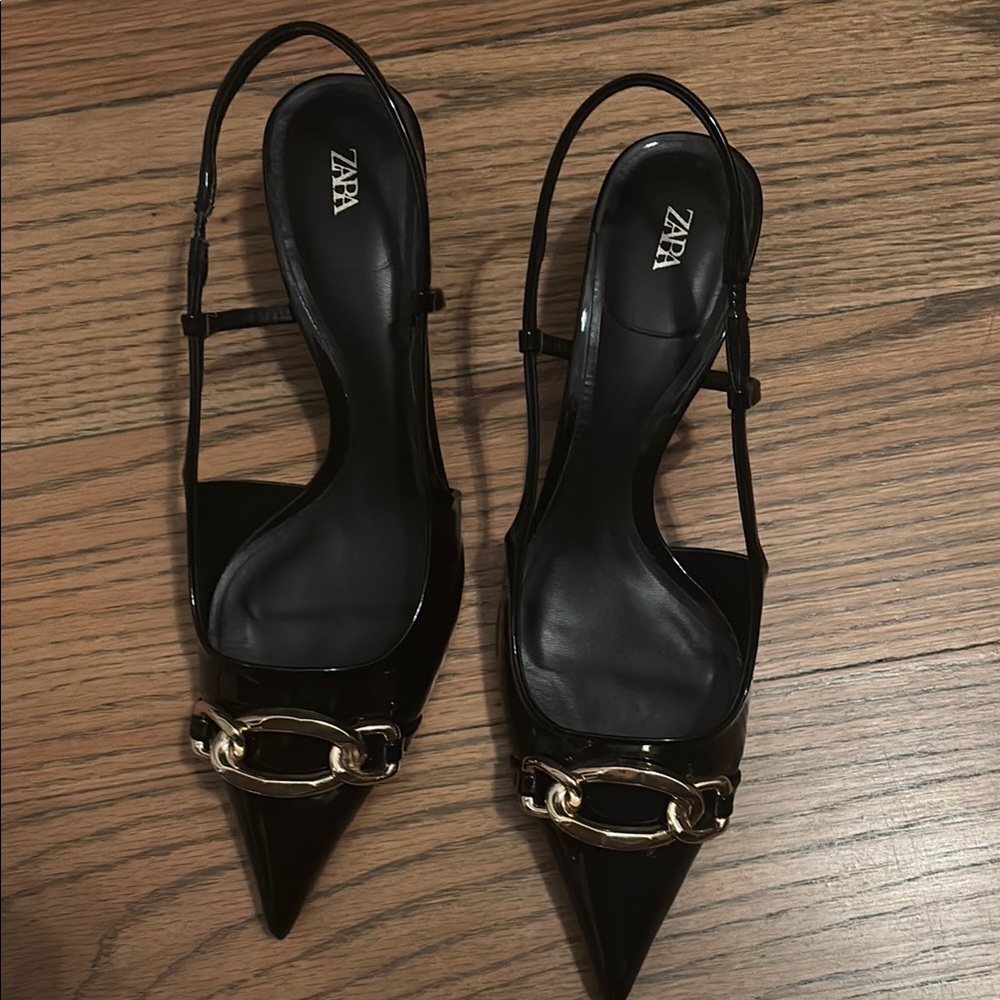 Zara Black Heels with Gold Chain Detail